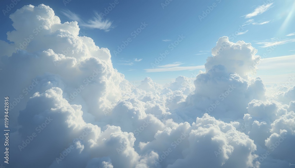 Aerial Wide Shot of Fluffy White Cumulus Clouds Illuminated by Gentle Sunlight, Gradient Blue Sky, Majestic and Tranquil, Daytime Aerial Wide Shot of Fluffy White Cumulus Clouds Illuminated by Gentle Sunlight, Gradient Blue Sky, Majestic and Tranquil, Daytime
