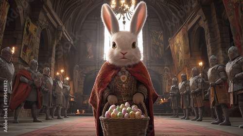 Medieval Knights Protecting Easter Bunny and Egg Basket in Castle Hall