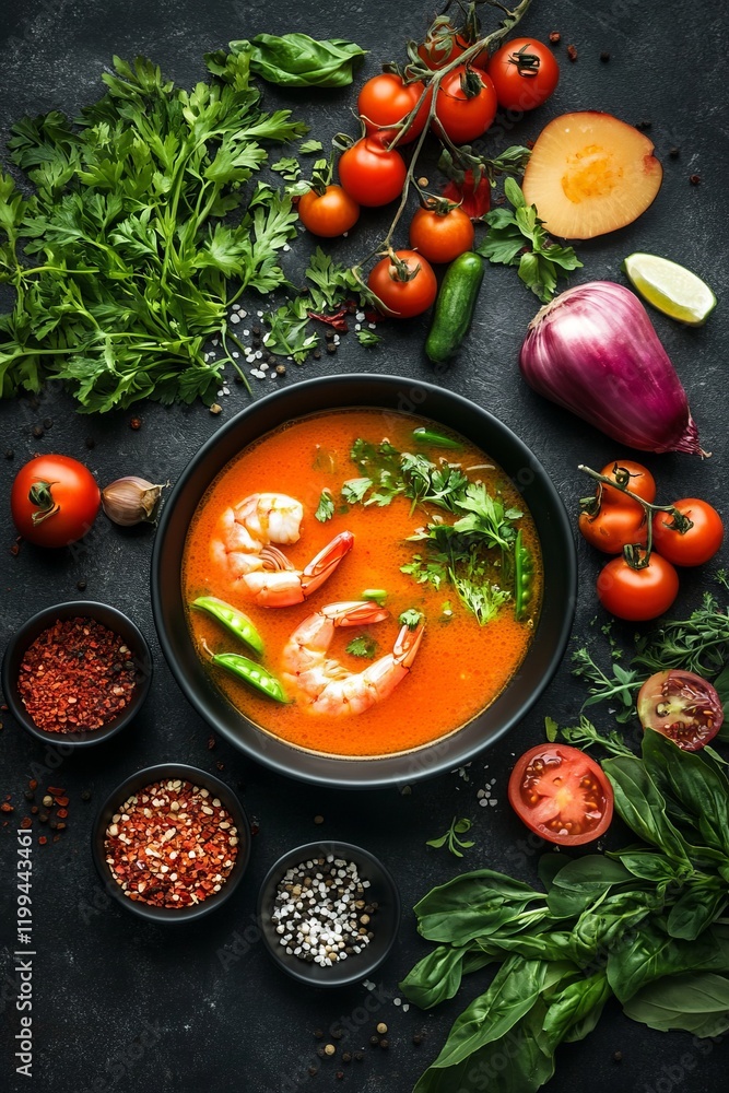 A top-down view of a tom yam kung spicy thai soup with bold orange broth, large shrimp, and colorful vegetables arranged on a dark background A top-down view of a tom yam kung spicy thai soup with bold orange broth, large shrimp, and colorful vegetables arranged on a dark background