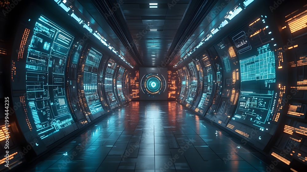 Obraz premium Futuristic Technology Exhibit with Interactive Displays - Generative AI