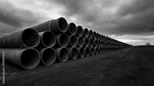 Wallpaper Mural Stacked cement pipes on a cloudy day, creating a moody industrial scene. Torontodigital.ca