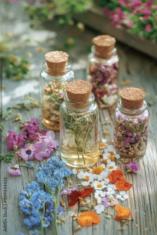 Bottled natural essential oils with flowers and plants for aroma therapy Bottled natural essential oils with flowers and plants for aroma therapy