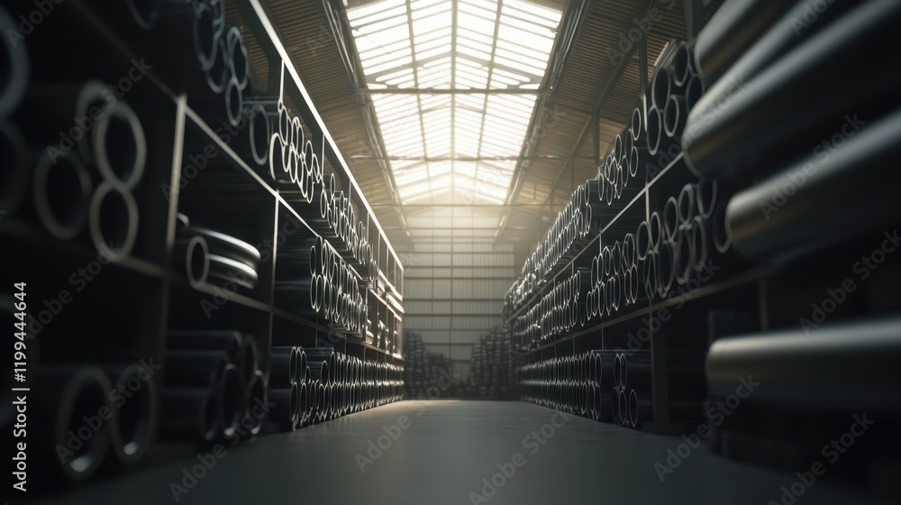 Fototapeta premium Steel pipes stacked in an orderly manner in a warehouse with high ceilings.