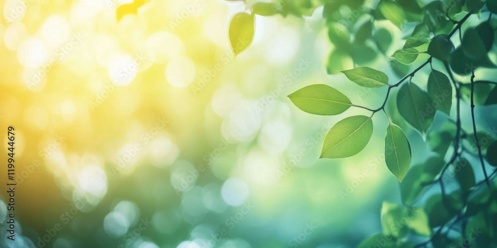 Fototapeta premium Serene Blurred Sunrise with Vibrant Leaves and Rays of Light