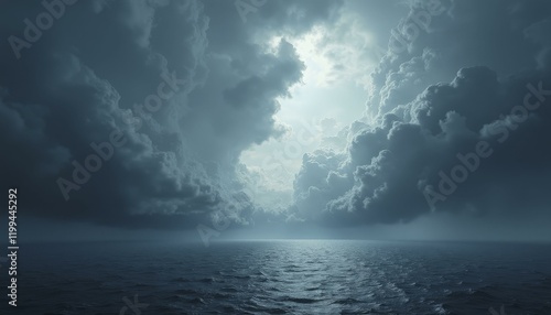 Fototapeta Naklejka Na Ścianę i Meble -  Turbulent ocean under a stormy sky with dark clouds and choppy water, foreboding atmosphere, Wide Shot, Daytime