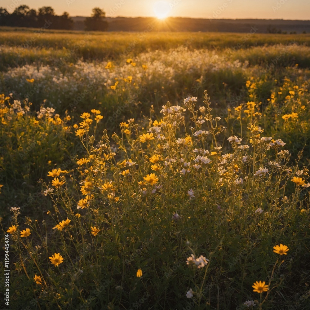 Obraz premium A field of wildflowers swaying gently in the golden light of sunrise.