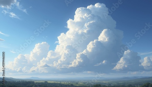 Detailed fluffy cumulus cloud formation above lush green fields and rolling hills, wide shot, Day photo