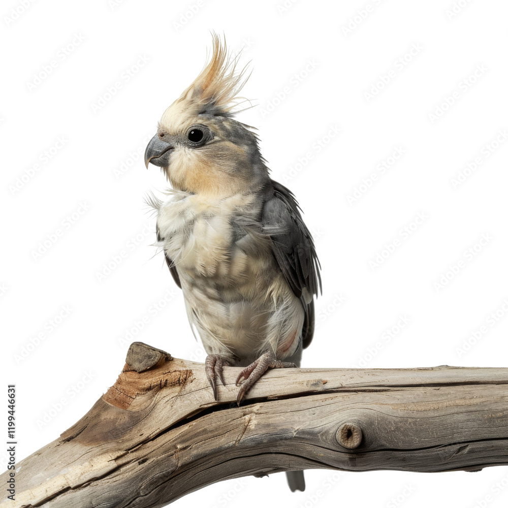 Female Cockatiel bird aka Nymphicus hollandicus, sitting on wooden branch. Looking curious to camera. Isolated on transparent or white background Female Cockatiel bird aka Nymphicus hollandicus, sitting on wooden branch. Looking curious to camera. Isolated on transparent or white background