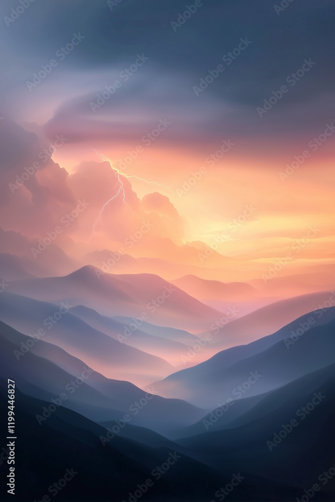Fototapeta premium Vibrant sunset illuminating layered mountains with dramatic clouds and distant lightning near horizon