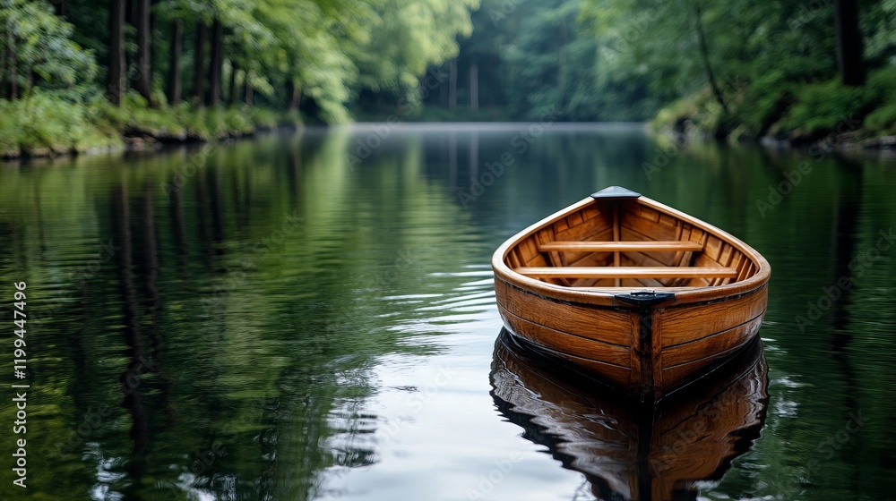 A wooden boat floating on top of a lake surrounded by trees A wooden boat floating on top of a lake surrounded by trees