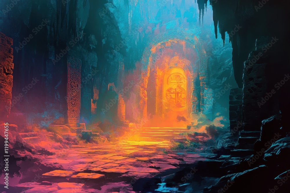 Fototapeta premium A Glowing Portal in a Mystical, Stone-Filled Cave