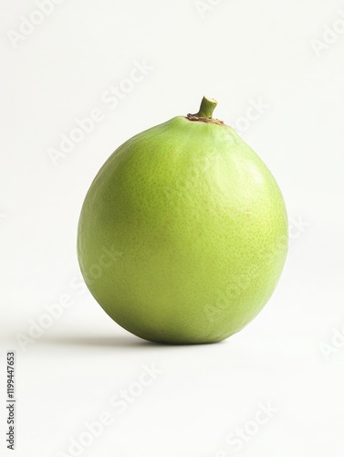 Close-up of a green lime fruit with stem intact, showcasing the texture and natural color. photo