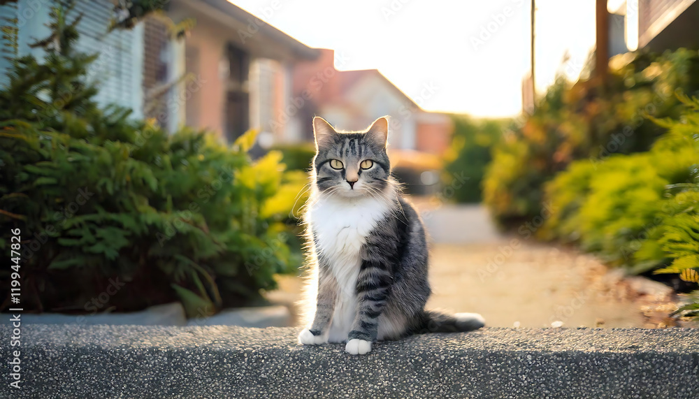 Obraz premium 夕陽に照らされた美しい猫 - 静かな住宅街の一瞬 生成AI