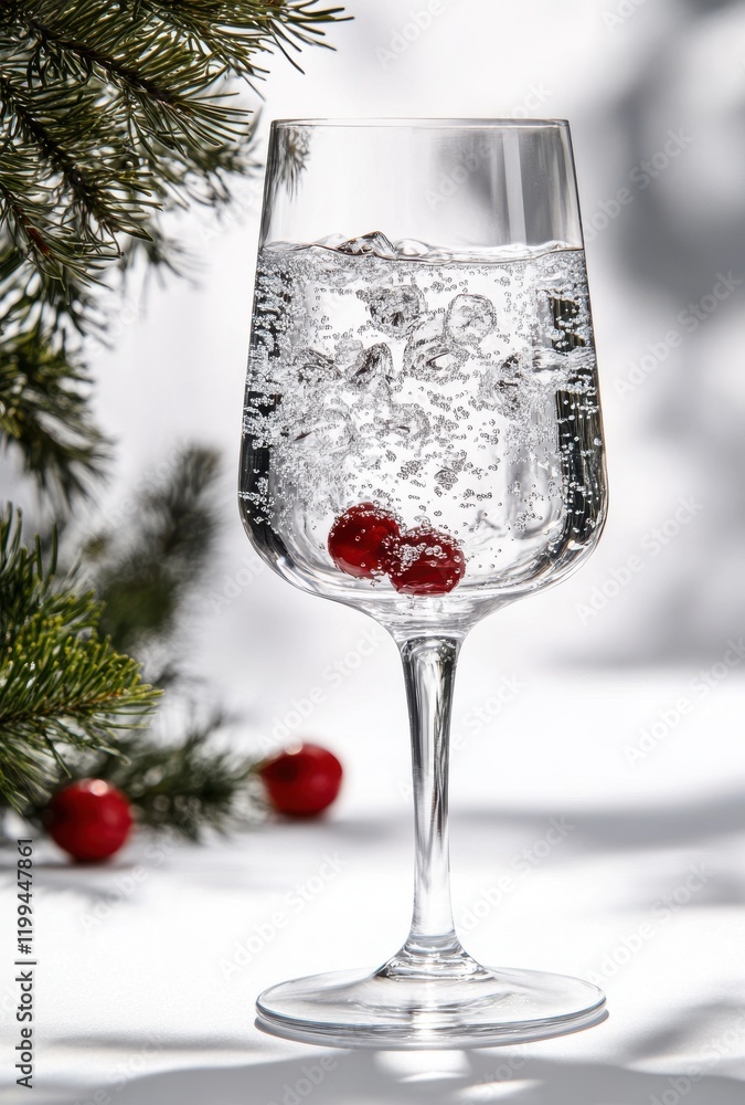 Obraz premium Refreshing Sparkling Water with Red Berries in Elegant Glass Surrounded by Festive Greenery Against a Bright Background
