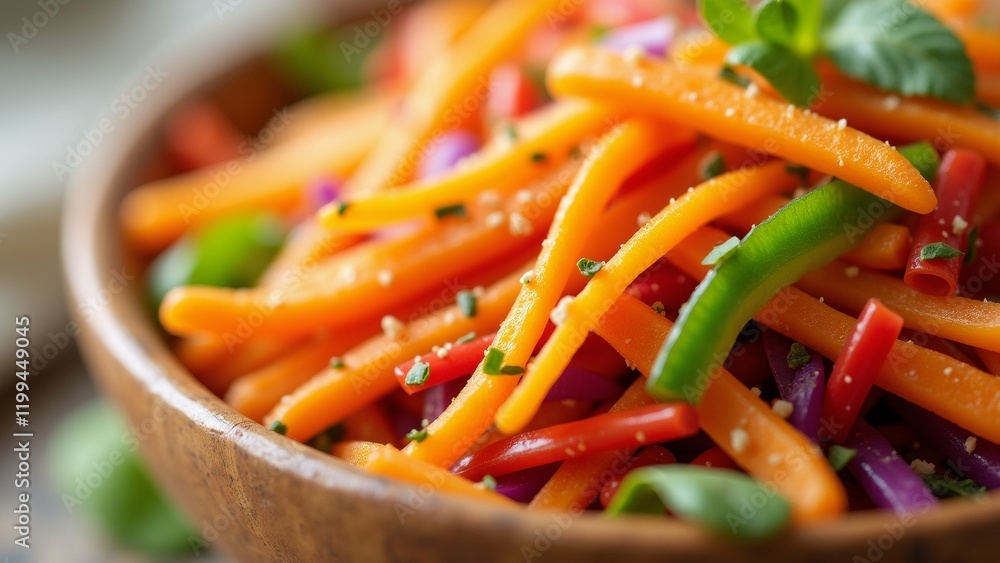 The image is a close-up of a wooden bowl filled with a colorful salad. The salad is made up of sliced carrots, red and green bell peppers, and other vegetables. The image is a close-up of a wooden bowl filled with a colorful salad. The salad is made up of sliced carrots, red and green bell peppers, and other vegetables.