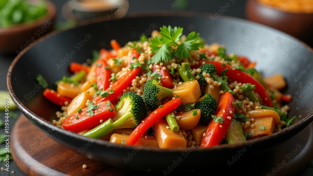 The image shows a black frying pan filled with a colorful stir-fry dish. The image shows a black frying pan filled with a colorful stir-fry dish.