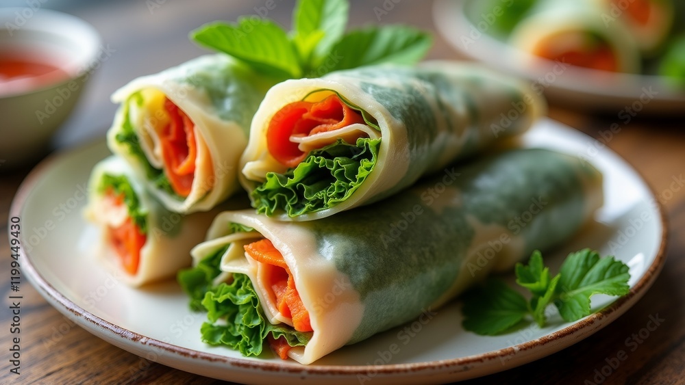 Obraz premium The image shows a plate of rolled up spring rolls on a wooden table.