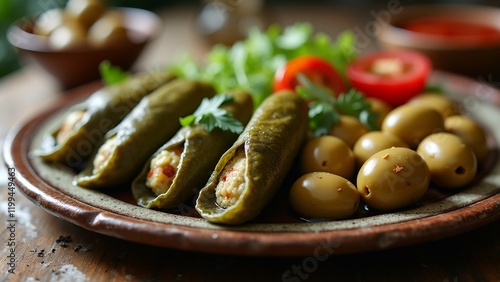 The image shows a plate of stuffed poblano peppers on a wooden table. The peppers are stuffed with a mixture of meat and vegetables, and are garnished with fresh parsley. photo