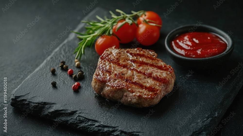 Grilled steak on slate with cherry tomatoes and rosemary. A delicious and visually appealing culinary image. Grilled steak on slate with cherry tomatoes and rosemary. A delicious and visually appealing culinary image.