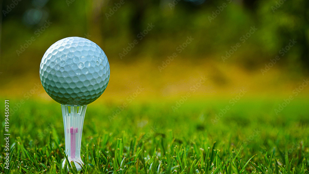 Golf ball on green grass in the evening golf course with sunshine background. Golf ball on green grass in the evening golf course with sunshine background.