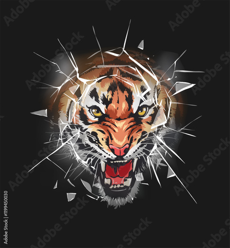 roaring tiger face through shattered glass  vector illustration on black background
