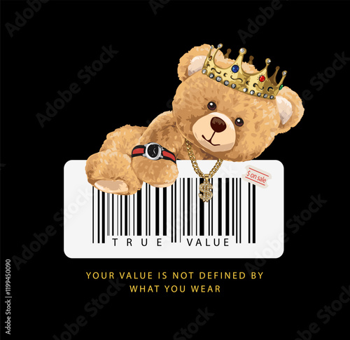 cute bear doll in crown climbing barcode tag vector illustration on black background