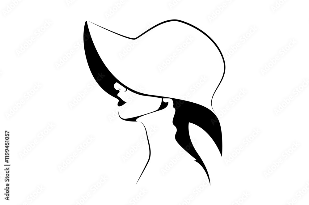 Obraz premium Woman with hat silhouette with lines isolated on white background - vector illustration 