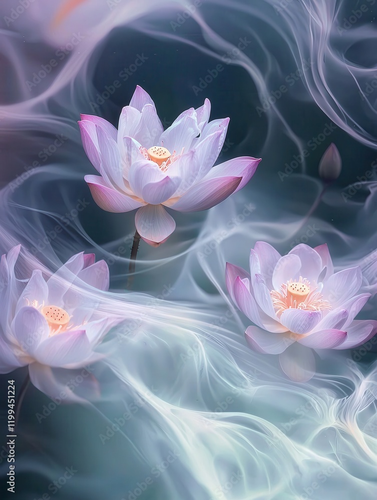 Obraz premium Serene Lotus Blossoms Floating in Ethereal Mist a Dreamlike Floral Scene