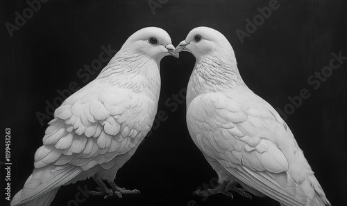 Two white doves kissing, dark background. photo