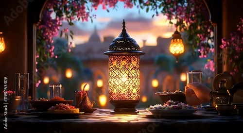Ornamental Arabic lantern with burning candle glowing at night and glittering golden bokeh lights. Festive greeting card, an invitation for the Muslim holy month Ramadan Kareem.