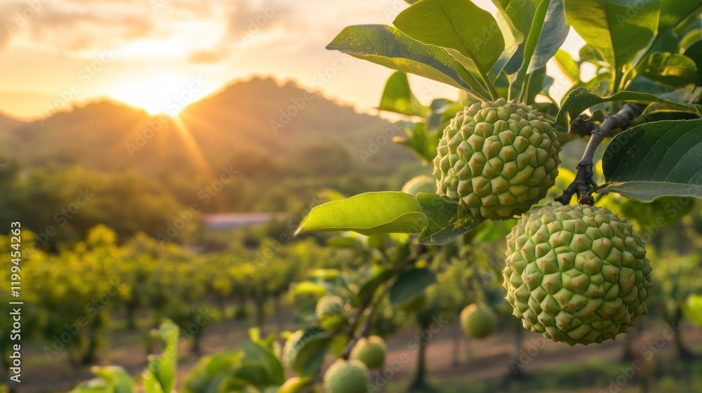 Close up of two green fruits hanging on a branch with a sunset and mountain view Close up of two green fruits hanging on a branch with a sunset and mountain view