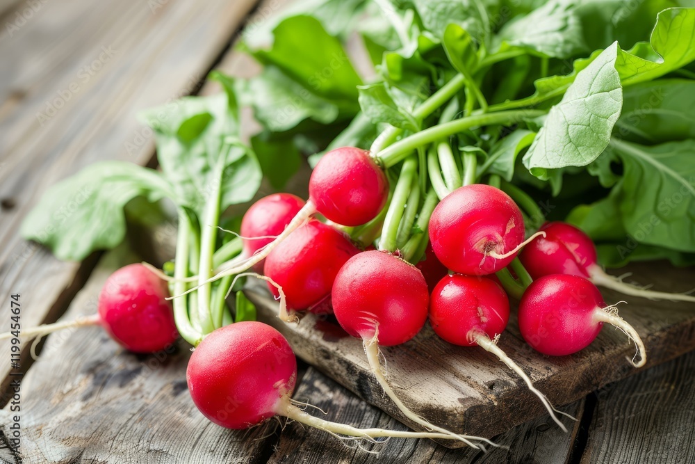 Bunch of vibrant red radishes with lush green leaves, showcasing farm fresh goodness Bunch of vibrant red radishes with lush green leaves, showcasing farm fresh goodness