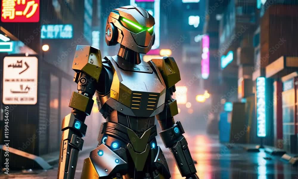 A battle-ready female robot with sleek armor, holding an energy weapon while standing in an alley of a cyberpunk city filled with rain, neon signs, and holographic advertisements, 4k Animation Video A battle-ready female robot with sleek armor, holding an energy weapon while standing in an alley of a cyberpunk city filled with rain, neon signs, and holographic advertisements, 4k Animation Video