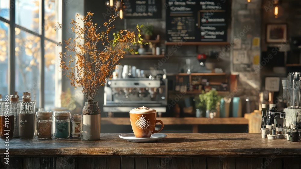 Fototapeta premium A cozy cafe scene featuring a cup of coffee on a wooden table, with a backdrop of a barista station and decorative plants.