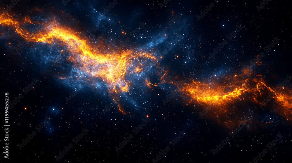 Obraz premium Cosmic Inferno: A fiery nebula explodes across the night sky, showcasing the universe's vibrant energy and celestial wonders.