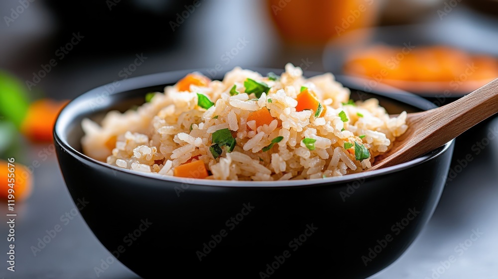 Stirring aromatic rice with vibrant vegetables in a cozy kitchen setting Stirring aromatic rice with vibrant vegetables in a cozy kitchen setting