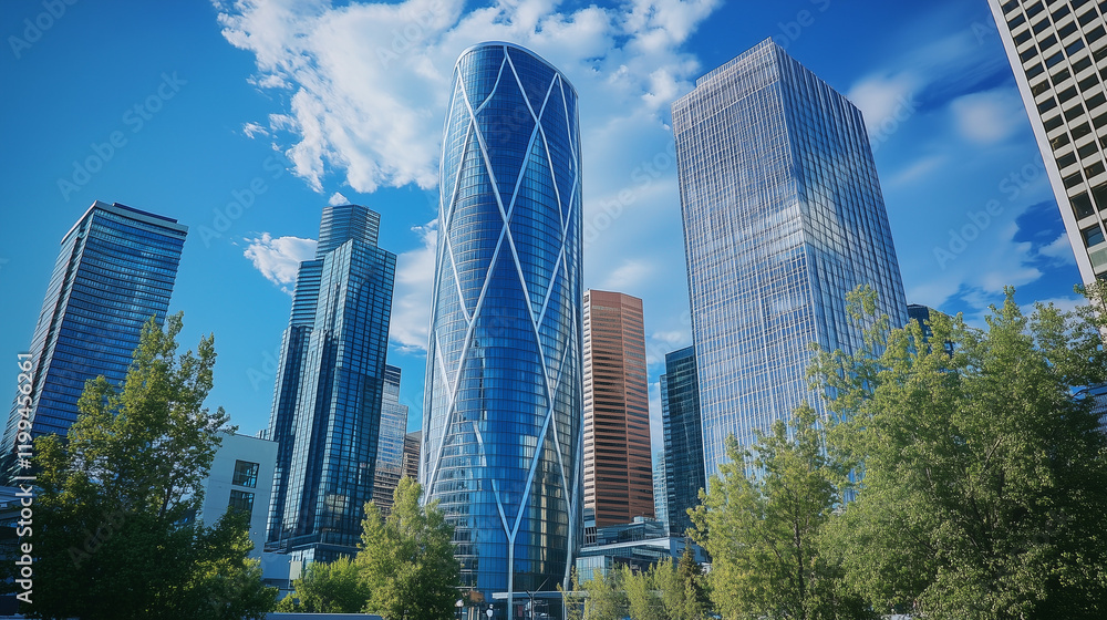 Fototapeta premium 近代的な高層ビル群と熱帯植物が調和する都市風景