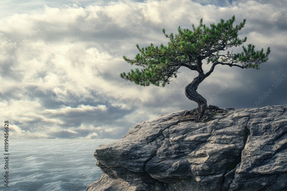Lone Bonsai Tree Growing on Rocky Cliff Overlooking the Ocean Lone Bonsai Tree Growing on Rocky Cliff Overlooking the Ocean
