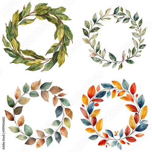 Artistic leaf wreath designs nature illustration colorful background aesthetic seasonal decor photo