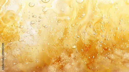 A close-up of bubbly golden liquid, reminiscent of beer or soda, with vibrant textures and effervescent bubbles creating an engaging visual.