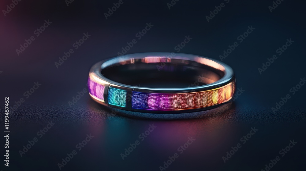 A vibrant, iridescent ring featuring multi-colored gems against a dark background, showcasing elegance and intricate design. A vibrant, iridescent ring featuring multi-colored gems against a dark background, showcasing elegance and intricate design.