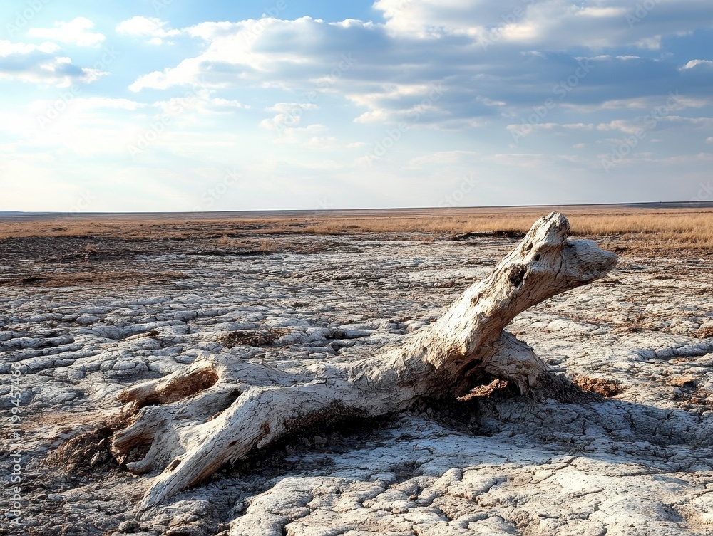Dry Landscape with Bleached Wood in a Barren Desert Environment Dry Landscape with Bleached Wood in a Barren Desert Environment