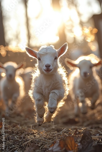 Playful baby goats leap joyfully in golden sunlight on a warm afternoon in a lush farmyard photo