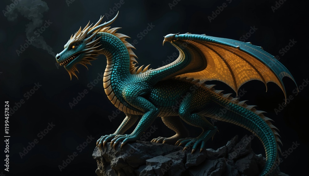 Obraz premium Majestic Teal Dragon on a Dark Rock: A 3D Rendered Fantasy Creature