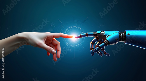 Robot hand making contact with human hand on dark background