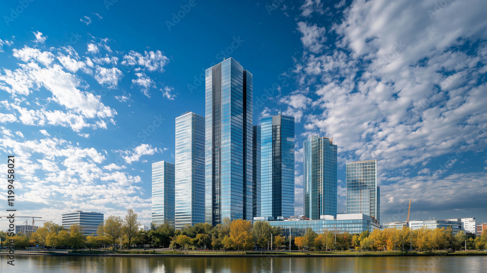 Fototapeta premium 近代的な高層ビル群と熱帯植物が調和する都市風景