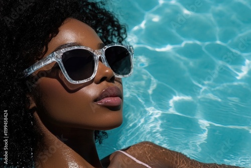 Relaxing by poolside, woman in stylish sunglasses enjoys sunshin photo