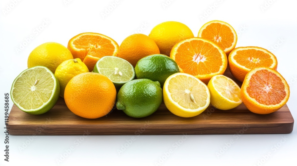 Fresh and vibrant assortment of citrus fruits displayed beautifully on a wooden board. These juicy fruits offer a burst of flavor and nutrition. Generative AI. Fresh and vibrant assortment of citrus fruits displayed beautifully on a wooden board. These juicy fruits offer a burst of flavor and nutrition. Generative AI.