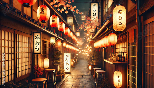 日本の伝統的な路地裏の夜景と提灯　生成AI