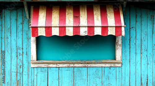 Rustic Wooden Shop with Red and White Striped Awning - Vintage Exterior photo